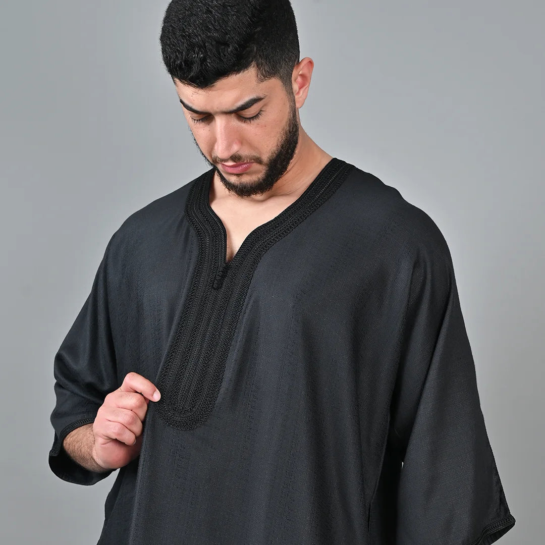 Gandoura marocaine en melange de lin noir Silfa Arewa Collections