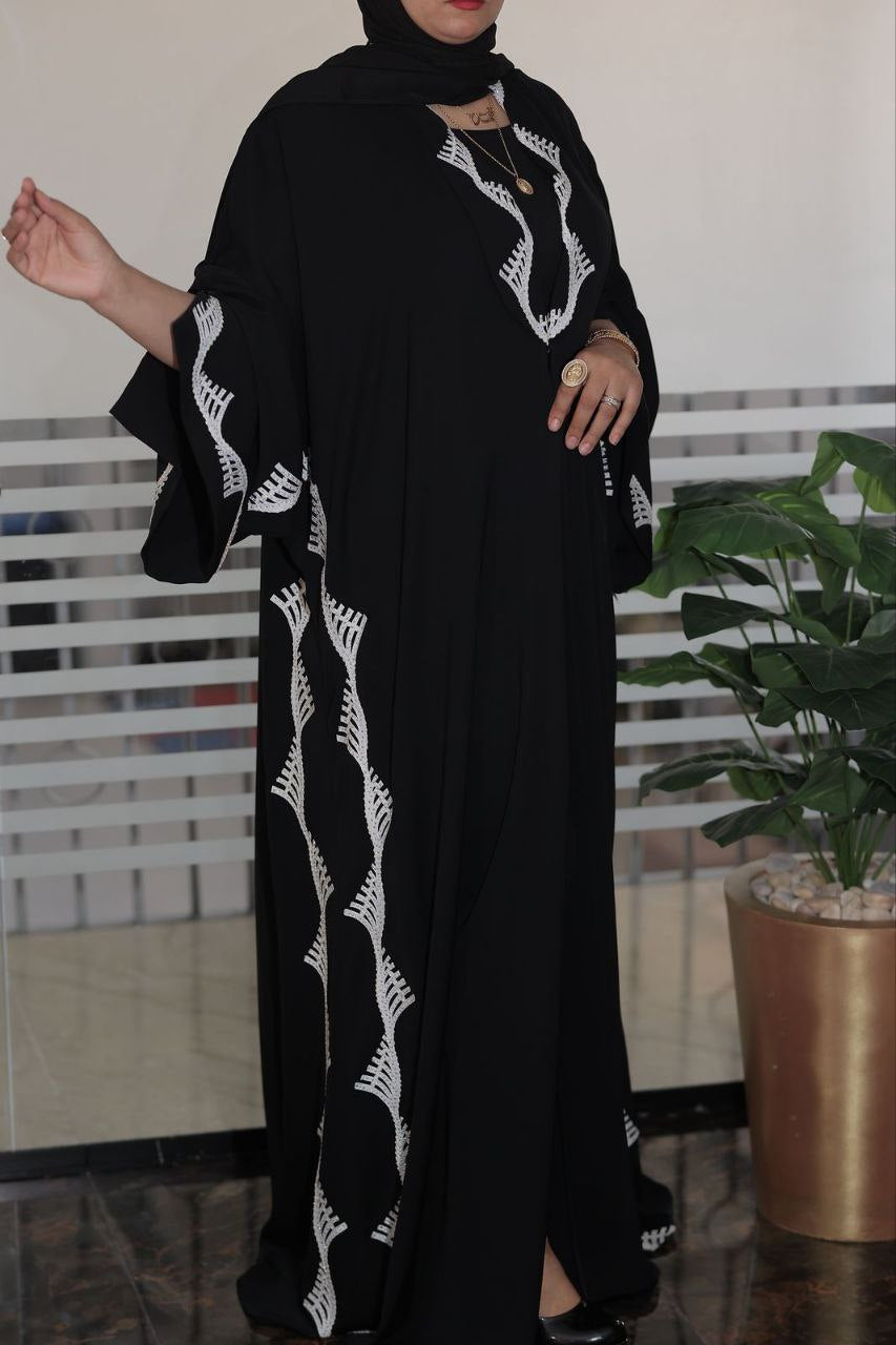 Black Abaya with White Embroidered Detailing