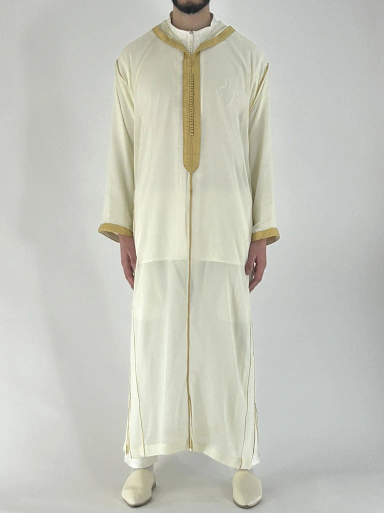 Sousdi Cream - Gold Hooded See through Gandoura