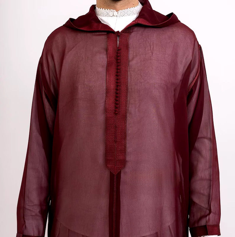 Maroon Sousdi Hooded See through Djellaba