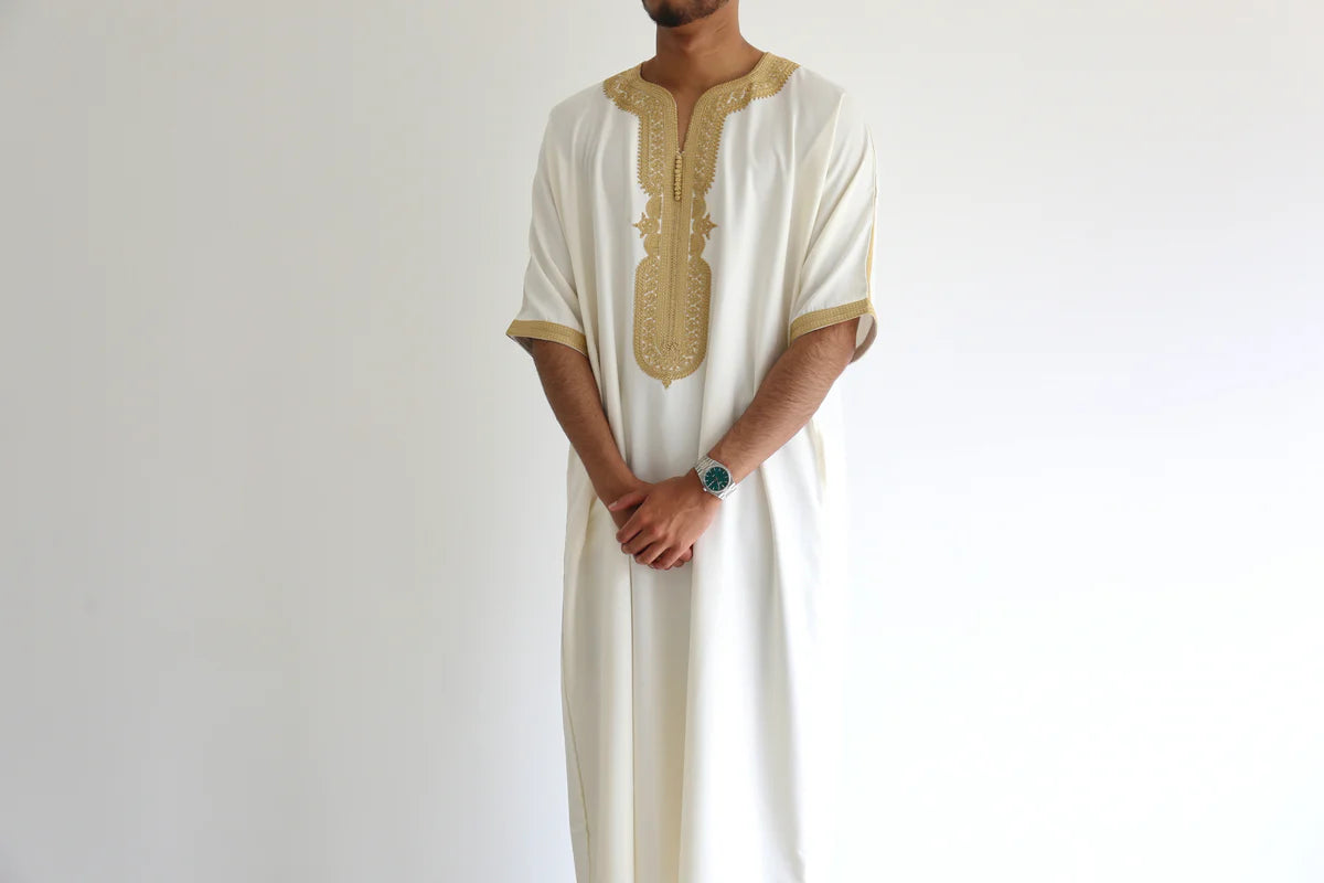 Amid Silky Cream Cotton Moroccan Gandoura - Arewa Collections