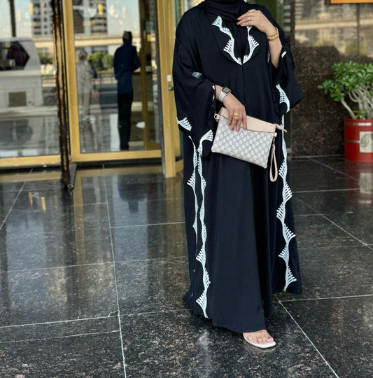 Black Abaya with White Embroidered Detailing