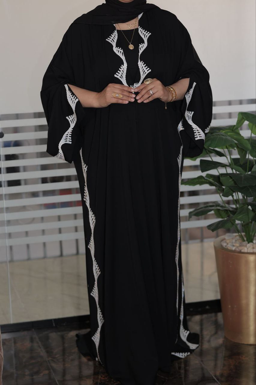 Black Abaya with White Embroidered Detailing