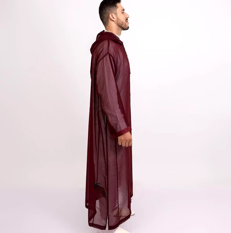 Maroon Sousdi Hooded See through Djellaba