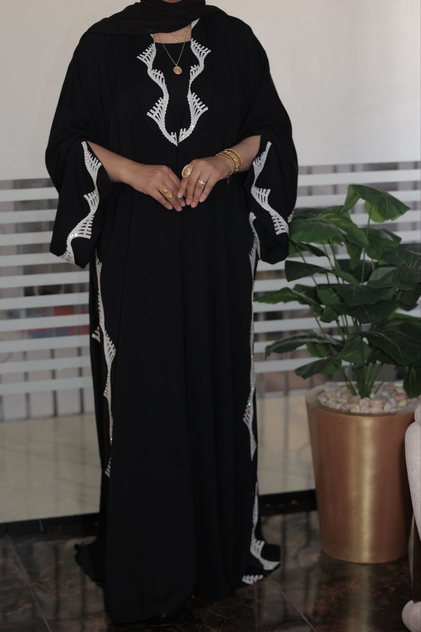 Black Abaya with White Embroidered Detailing