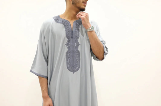 Amid Blue Grey Silky Cream Cotton Moroccan Gandoura - Arewa Collections