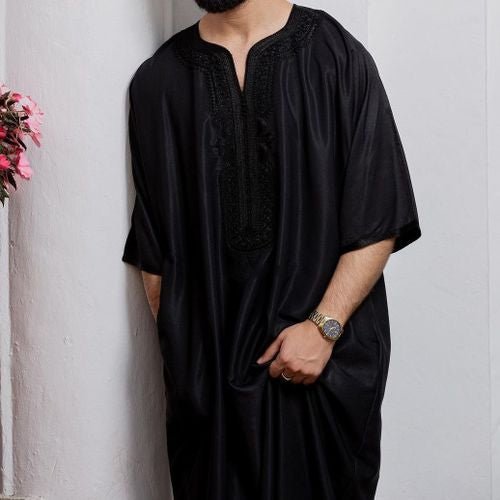 Amid Silky Black Cotton Moroccan Gandoura - Arewa Collections