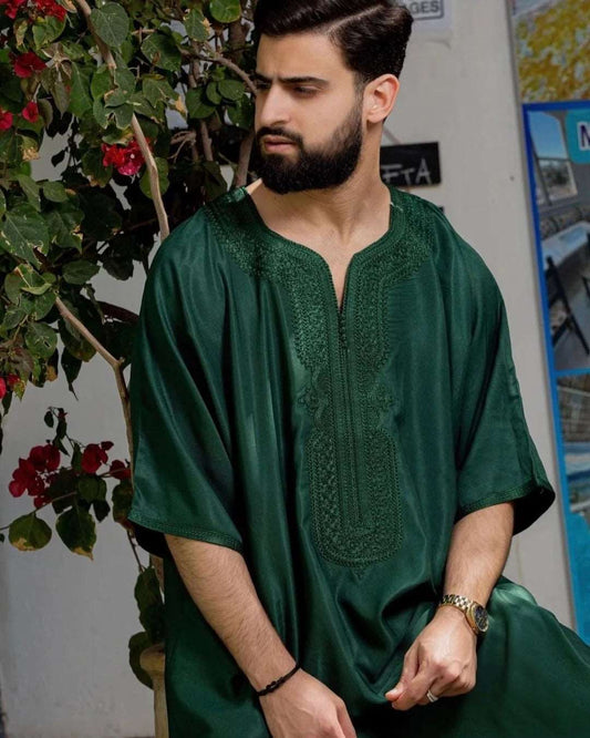 Amid Silky Green Cotton Blend Moroccan Gandoura - Arewa Collections