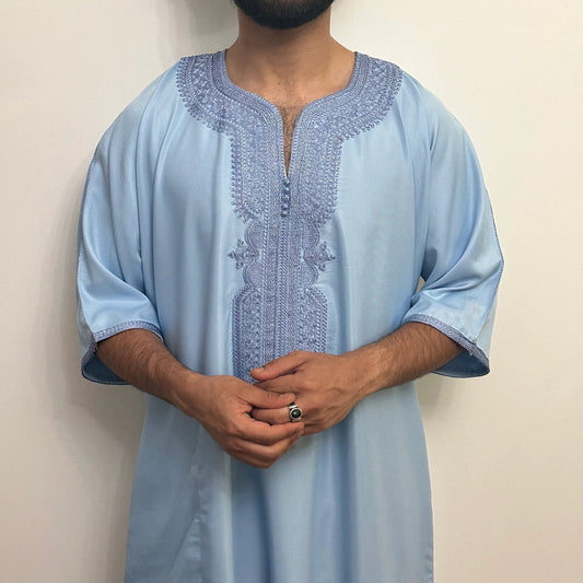 Amid Silky Sky Blue Cotton Moroccan Gandoura - Arewa Collections