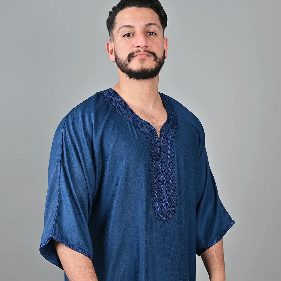 Silfa Navy Blue Linen Blend Moroccan Gandoura - Arewa Collections