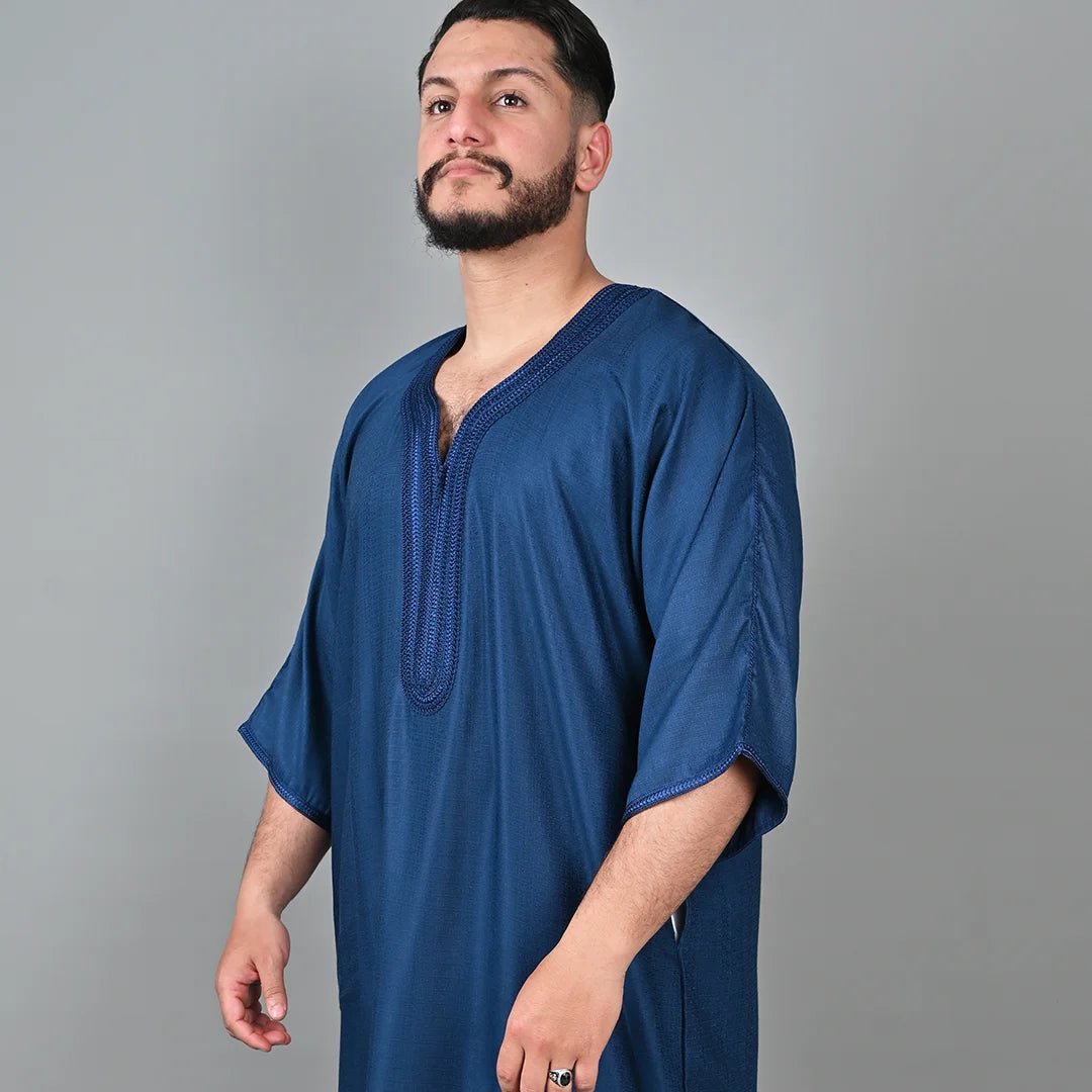 Silfa Navy Blue Linen Blend Moroccan Gandoura - Arewa Collections