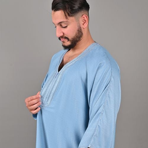 Silfa Sky Blue Linen Blend Moroccan Gandoura - Arewa Collections