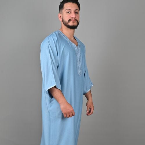 Silfa Sky Blue Linen Blend Moroccan Gandoura - Arewa Collections