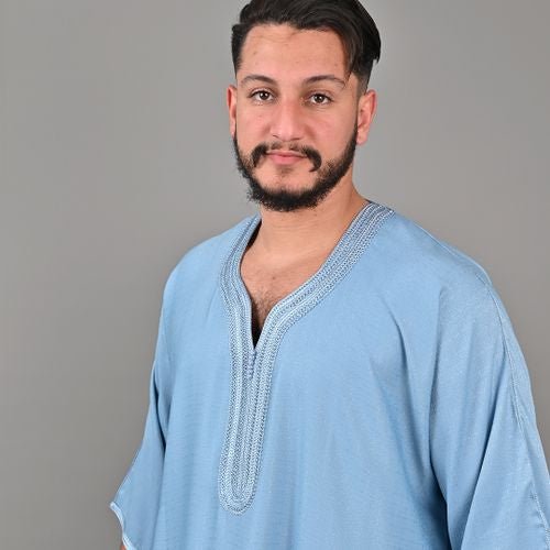 Silfa Sky Blue Linen Blend Moroccan Gandoura - Arewa Collections