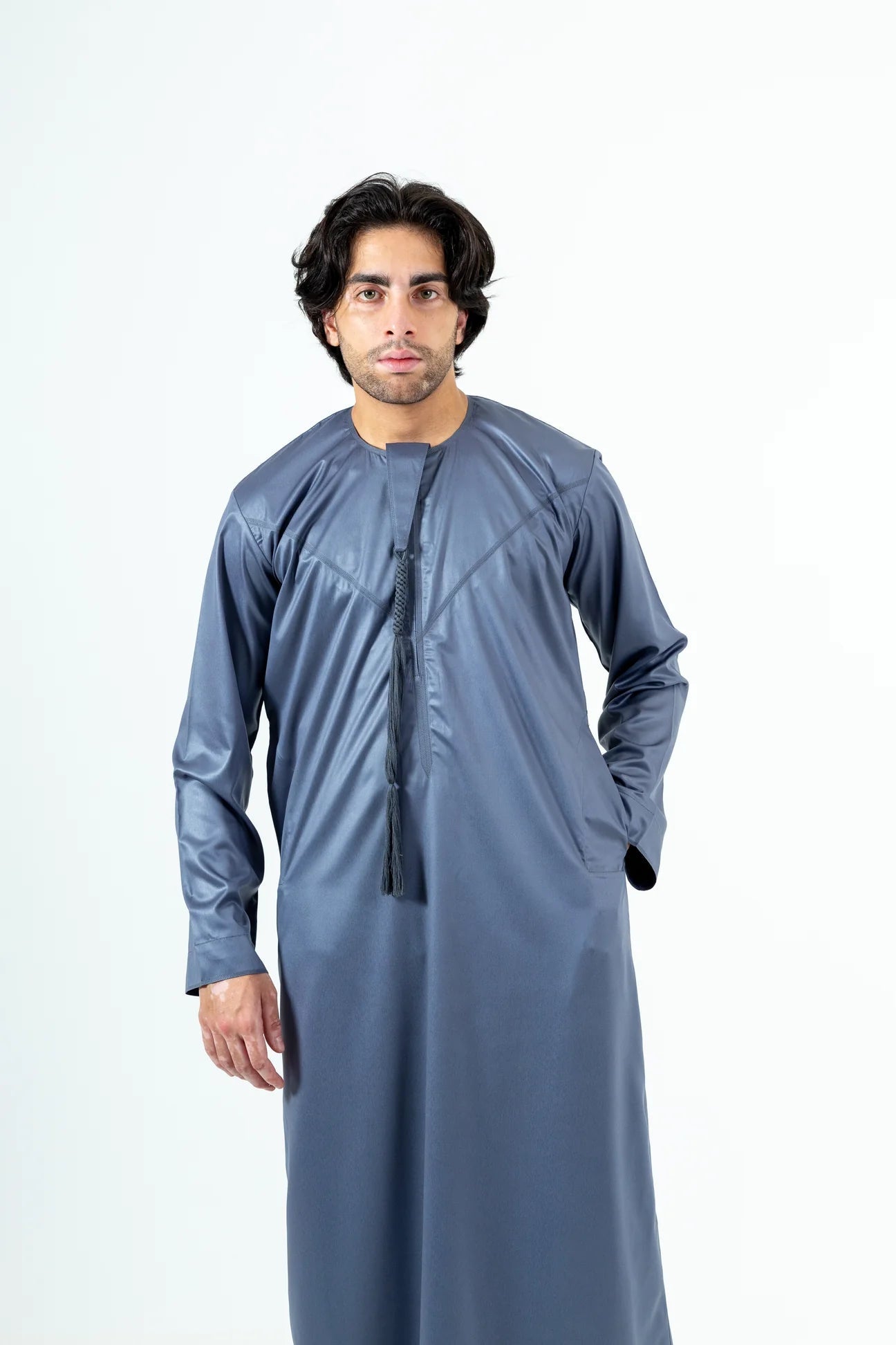 Slate Grey Silky Emirati Thobe - Arewa Collections